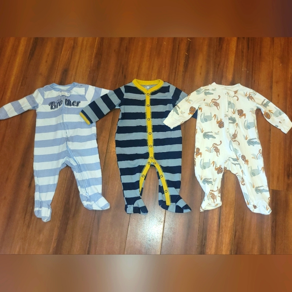 3 Boy's Carter's Striped and Animal Print One Pieces Sleeper Footies
